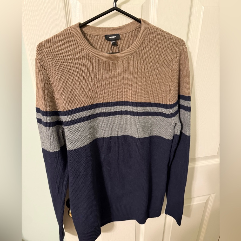 Color block, striped Crewneck Sweater - Tan, Gray, and Blue